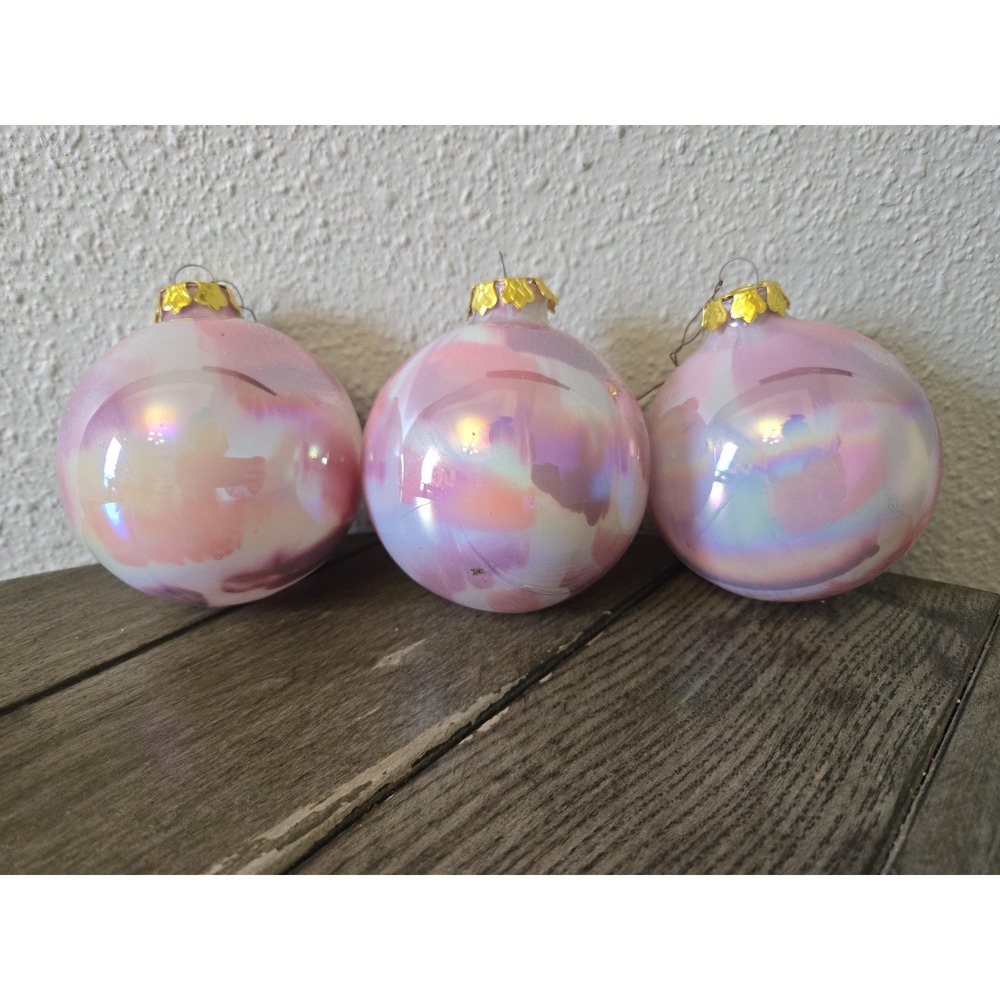 3 Beautiful Pink & Purple Swirl Reverse Painted 3" Glass Christmas Ornaments